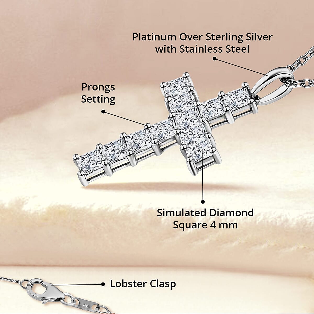 D'Joy Simulated Diamond 6 ctw Cross Pendant in Platinum Over Sterling Silver with Stainless Steel Necklace 20 Inches image number 3
