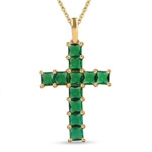 D'Joy Simulated Green Diamond 5.75 ctw Cross Pendant in 14K YG Over Sterling Silver with ION Plated YG Stainless Steel Necklace 20 Inches