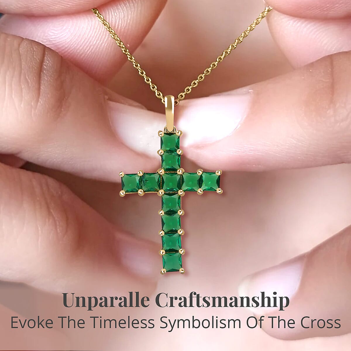 D'Joy Simulated Green Diamond 5.75 ctw Cross Pendant in 14K YG Over Sterling Silver with ION Plated YG Stainless Steel Necklace 20 Inches image number 2