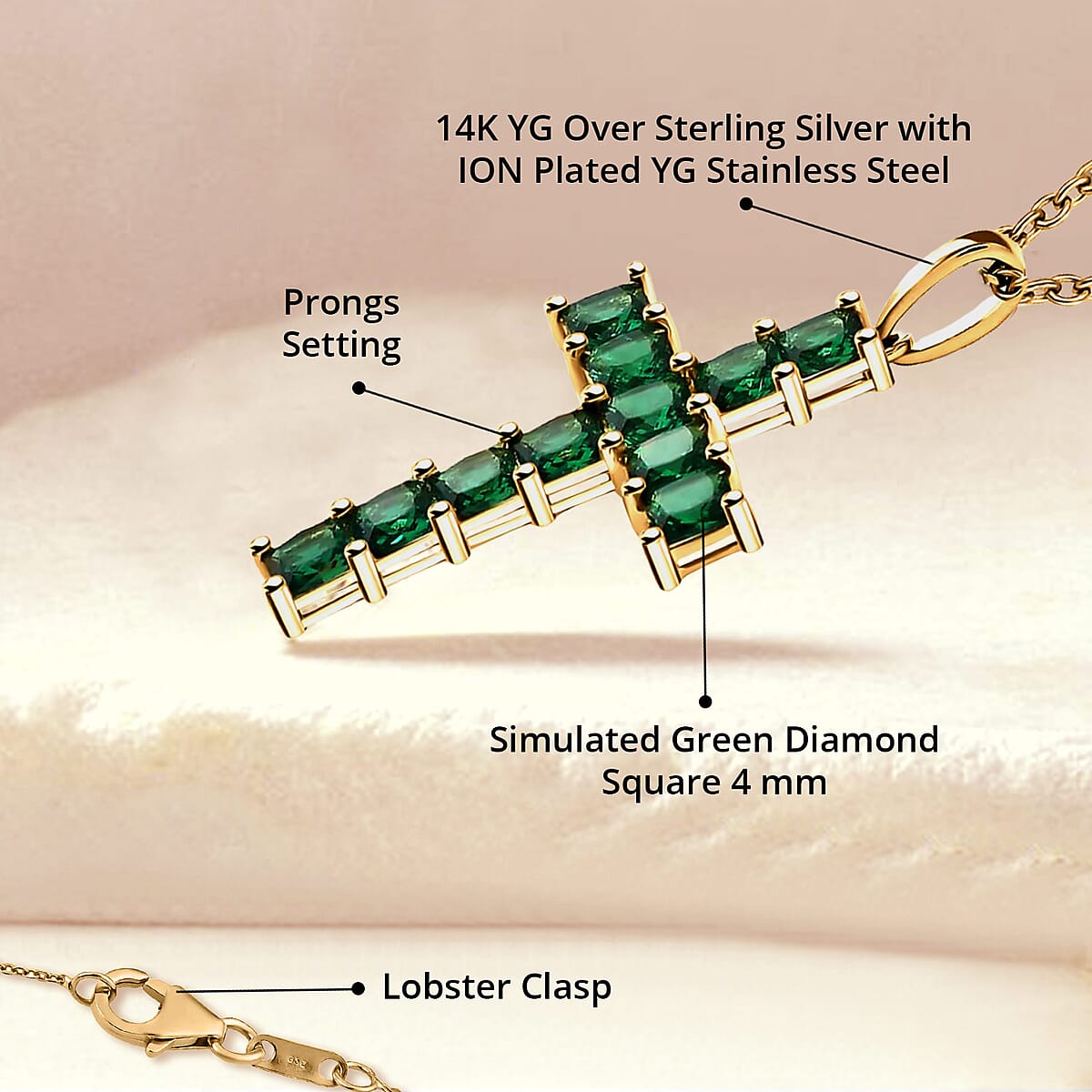 D'Joy Simulated Green Diamond 5.75 ctw Cross Pendant in 14K YG Over Sterling Silver with ION Plated YG Stainless Steel Necklace 20 Inches image number 3