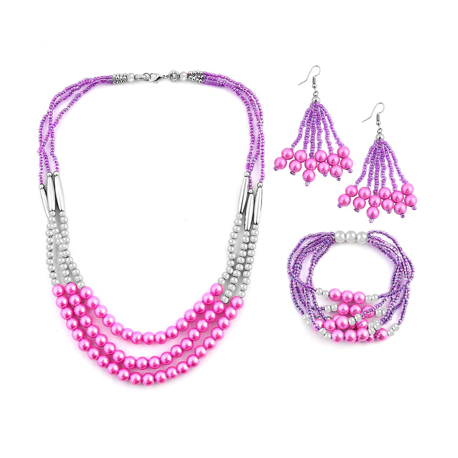 Pink Seed Beaded Multi Layer Bracelet (7.50In) and Necklace 20 Inches and Earrings in Sterling Silver