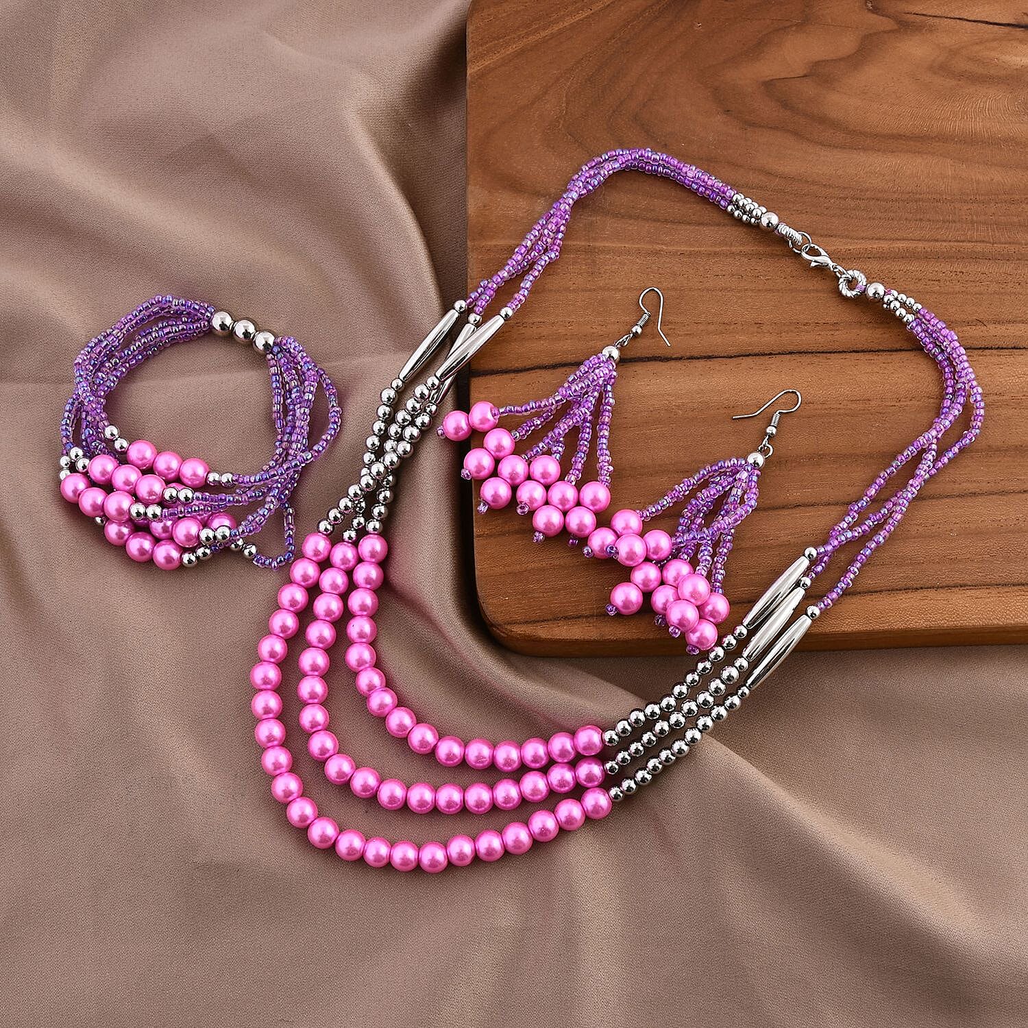 Pink Seed Beaded Multi Layer Bracelet (7.50In) and Necklace 20 Inches and Earrings in Sterling Silver
