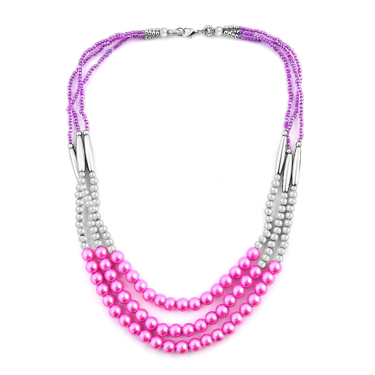 Pink Seed Beaded Multi Layer Bracelet (7.50In) and Necklace 20 Inches and Earrings in Sterling Silver