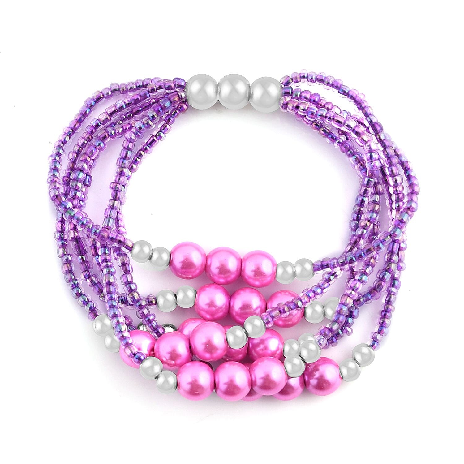 Pink Seed Beaded Multi Layer Bracelet (7.50In) and Necklace 20 Inches and Earrings in Sterling Silver