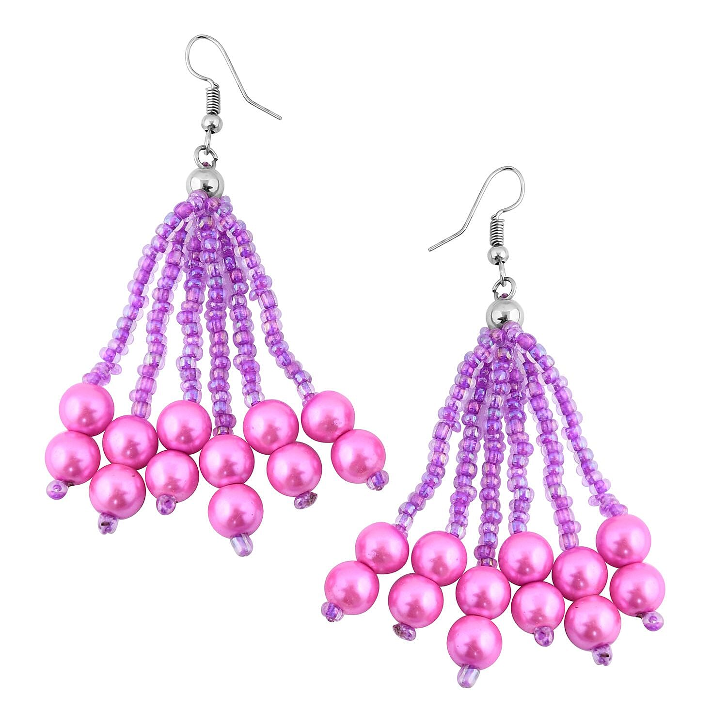 Pink Seed Beaded Multi Layer Bracelet (7.50In) and Necklace 20 Inches and Earrings in Sterling Silver
