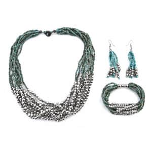 Turquoise Color Seed Beaded Multi Layer Bracelet (7.50In) and Necklace 20 Inches and Earrings in Sterling Silver