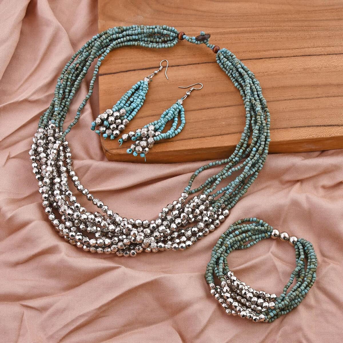 Turquoise Color Seed Beaded Multi Layer Bracelet (7.50In) and Necklace 20 Inches and Earrings in Sterling Silver image number 1