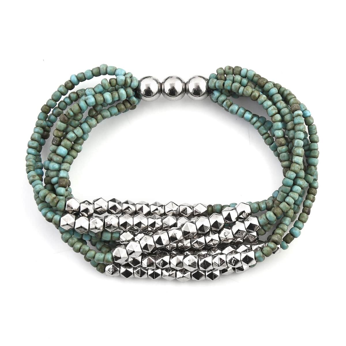 Turquoise Color Seed Beaded Multi Layer Bracelet (7.50In) and Necklace 20 Inches and Earrings in Sterling Silver image number 3