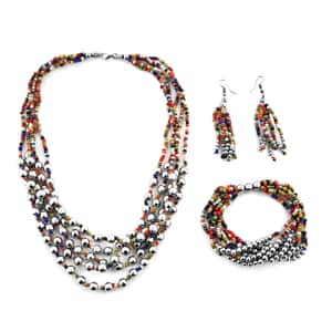 Multi Color Seed Beaded Multi Layer Bracelet (7.50In) and Necklace 20 Inches and Earrings in Sterling Silver