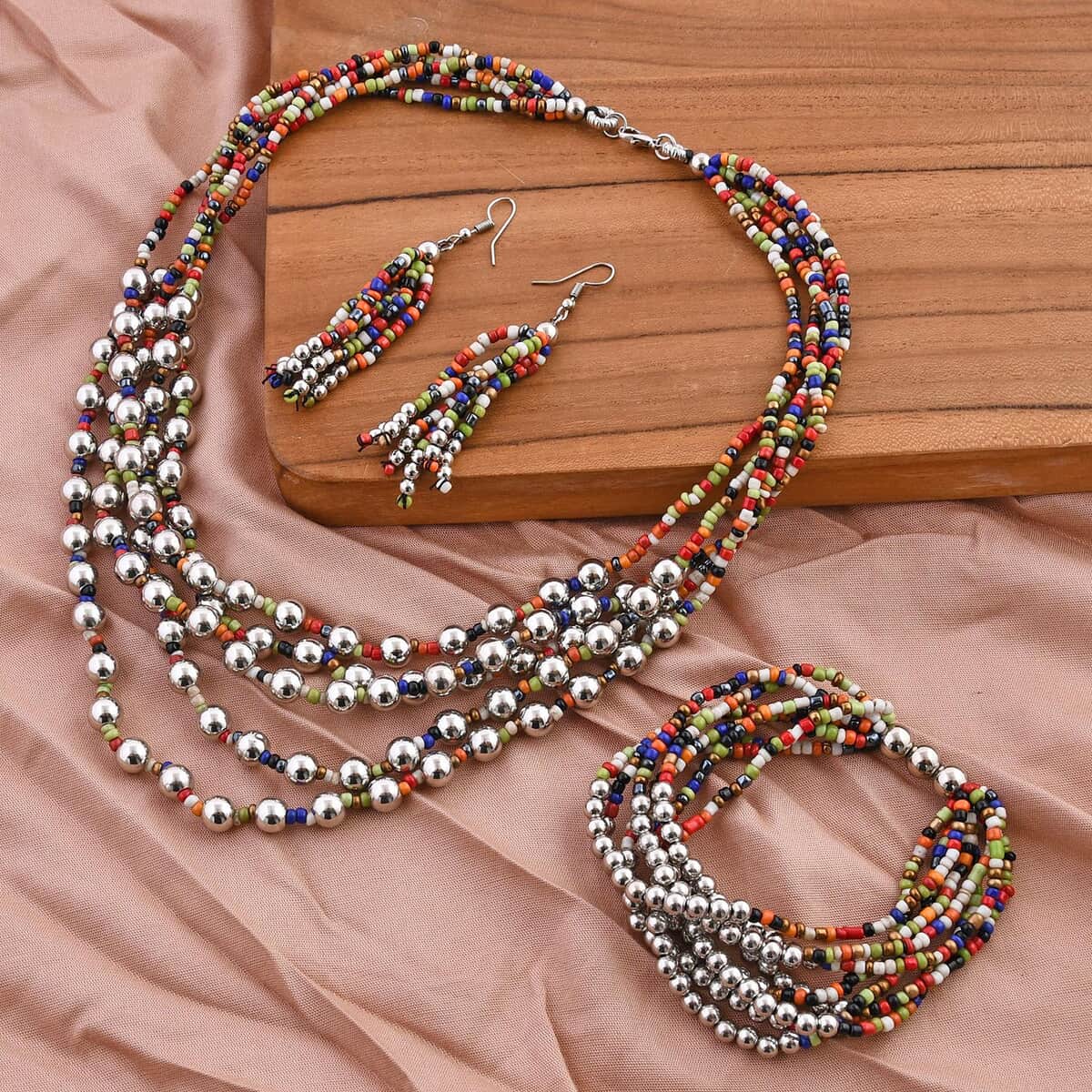 Multi Color Seed Beaded Multi Layer Bracelet (7.50In) and Necklace 20 Inches and Earrings in Sterling Silver image number 1