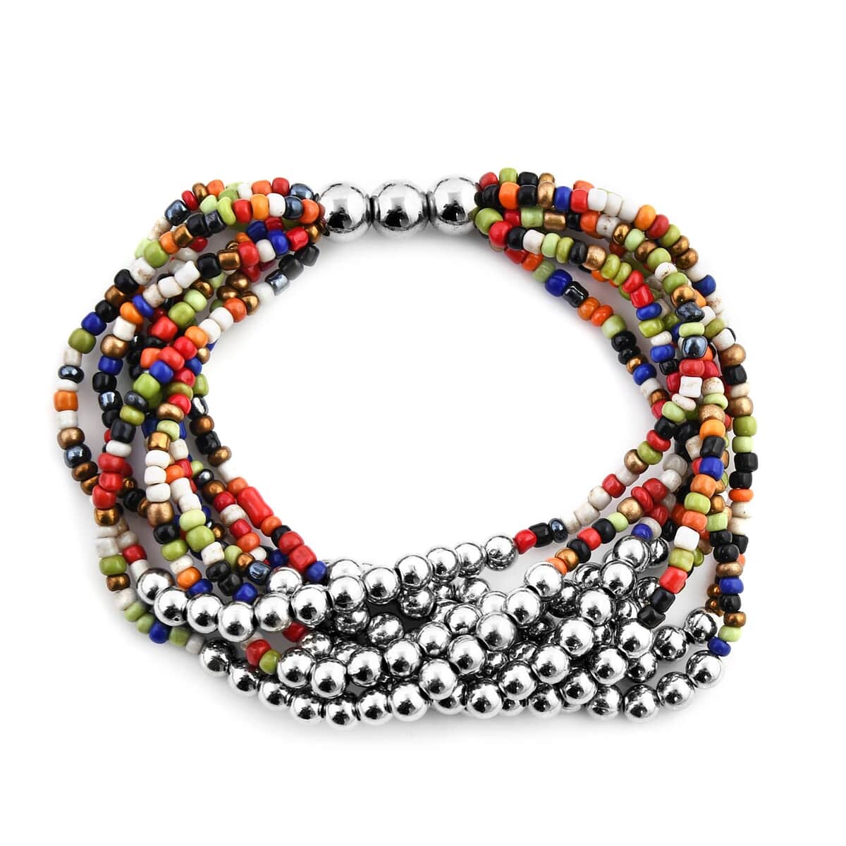 Multi Color Seed Beaded Multi Layer Bracelet (7.50In) and Necklace 20 Inches and Earrings in Sterling Silver image number 4