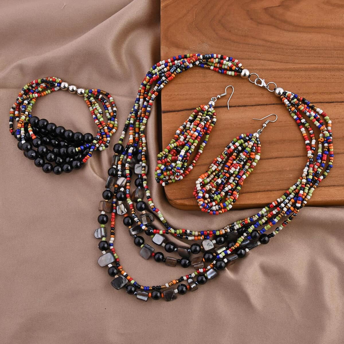 Multi Color Seed Beaded Multi Layer Bracelet (7.50In) and Necklace 20 Inches and Earrings in Sterling Silver image number 1