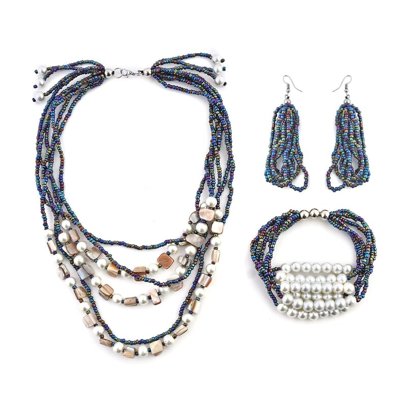 Multi Color Seed Beaded Multi Layer Bracelet (7.50In) and Necklace 20 Inches and Earrings in Sterling Silver