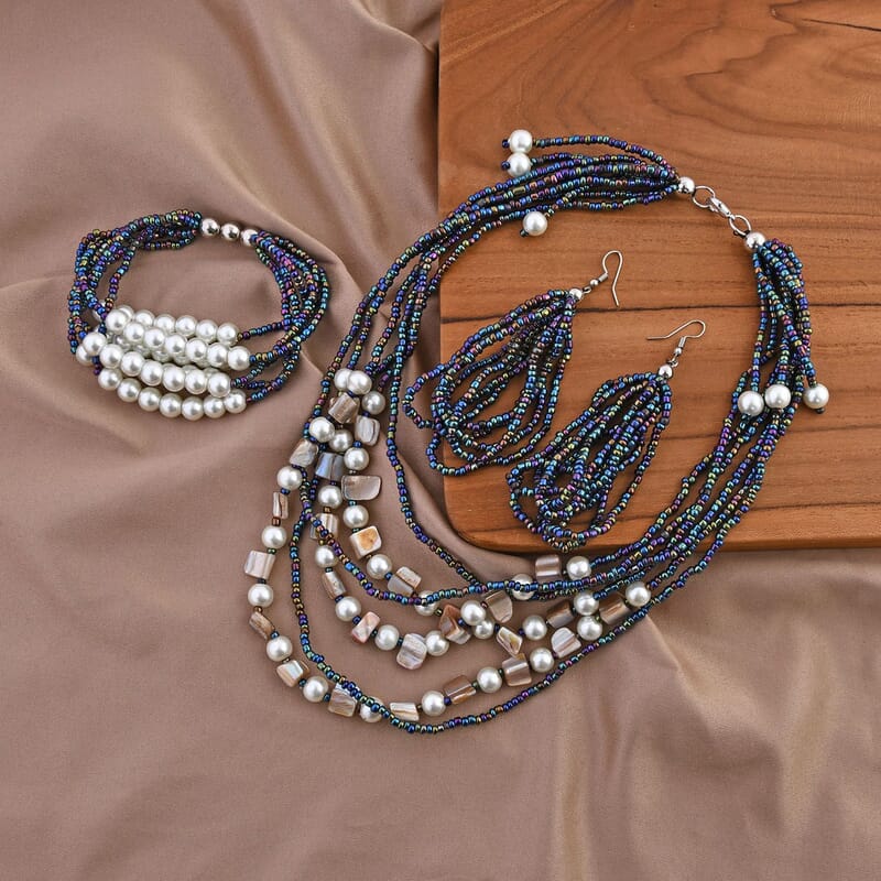 Multi Color Seed Beaded Multi Layer Bracelet (7.50In) and Necklace 20 Inches and Earrings in Sterling Silver