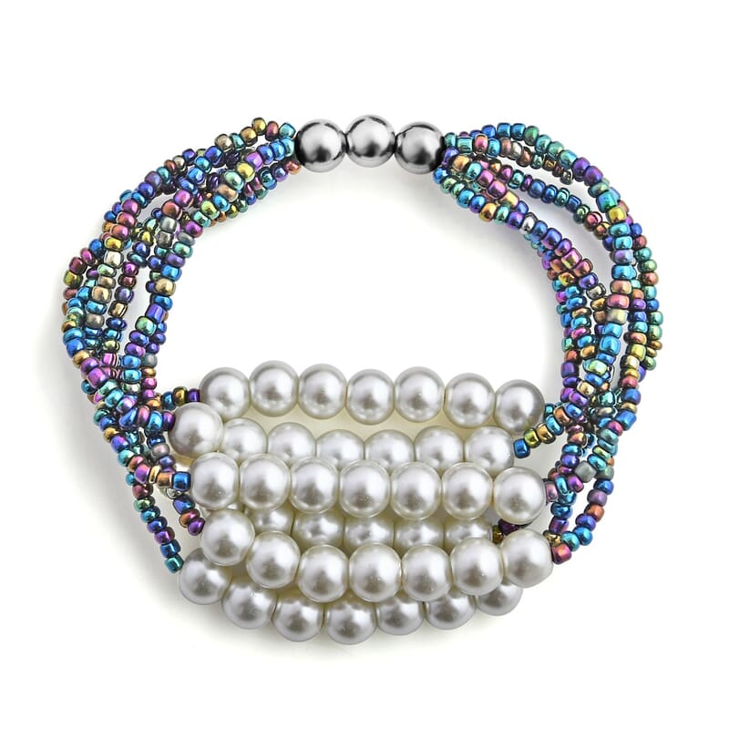 Multi Color Seed Beaded Multi Layer Bracelet (7.50In) and Necklace 20 Inches and Earrings in Sterling Silver