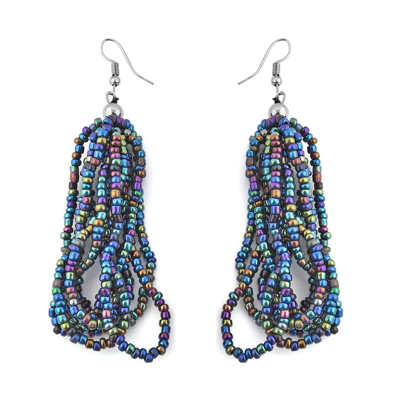 Multi Color Seed Beaded Multi Layer Bracelet (7.50In) and Necklace 20 Inches and Earrings in Sterling Silver