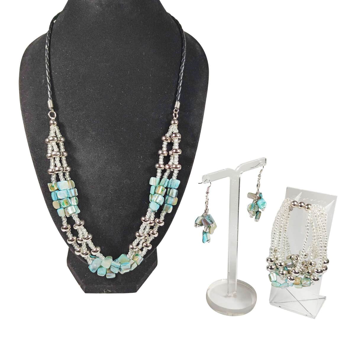 Turquoise Color Seed Beaded Multi Layer Bracelet (7.50In) and Necklace 20 Inches and Earrings in Sterling Silver image number 1