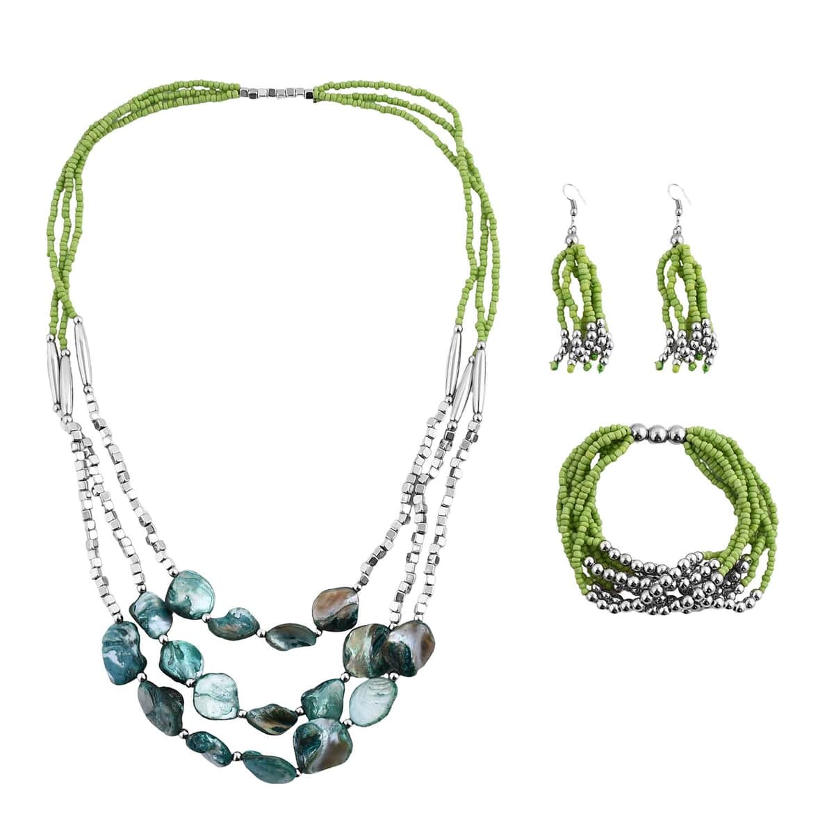 Green Seed Beaded Multi Layer Bracelet (7.50In) and Necklace 20 Inches and Earrings in Sterling Silver image number 0