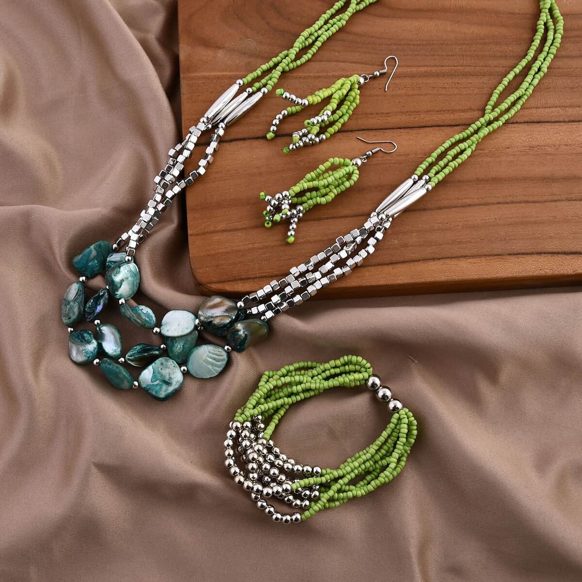 Green Seed Beaded Multi Layer Bracelet (7.50In) and Necklace 20 Inches and Earrings in Sterling Silver image number 1