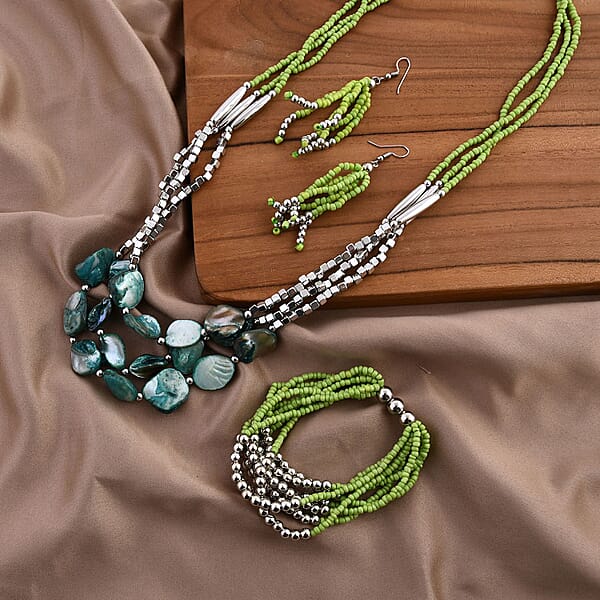 Green Seed Beaded Multi Layer Bracelet (7.50In) and Necklace 20 Inches and Earrings in Sterling Silver