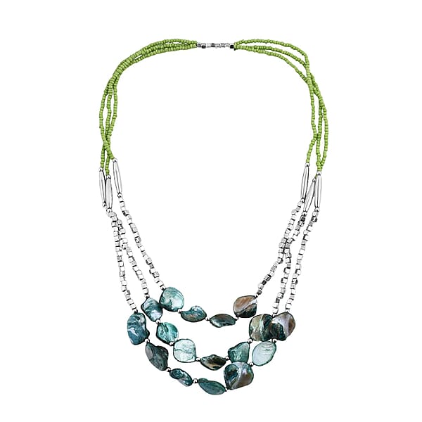 Green Seed Beaded Multi Layer Bracelet (7.50In) and Necklace 20 Inches and Earrings in Sterling Silver
