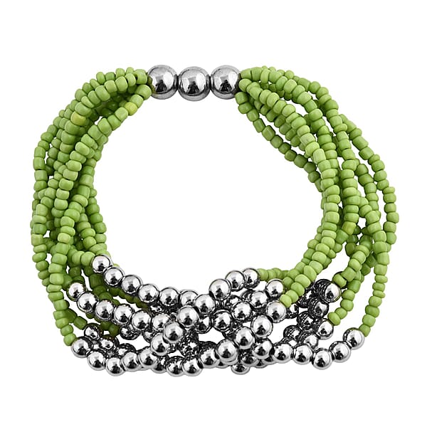 Green Seed Beaded Multi Layer Bracelet (7.50In) and Necklace 20 Inches and Earrings in Sterling Silver