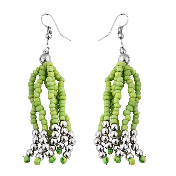 Green Seed Beaded Multi Layer Bracelet (7.50In) and Necklace 20 Inches and Earrings in Sterling Silver