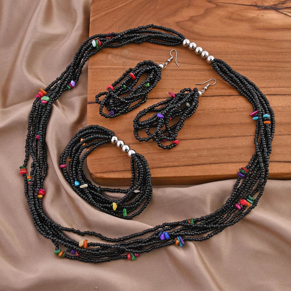 Black Seed Beaded Multi Layer Bracelet (7.50In) and Necklace 20 Inches and Earrings in Sterling Silver image number 1