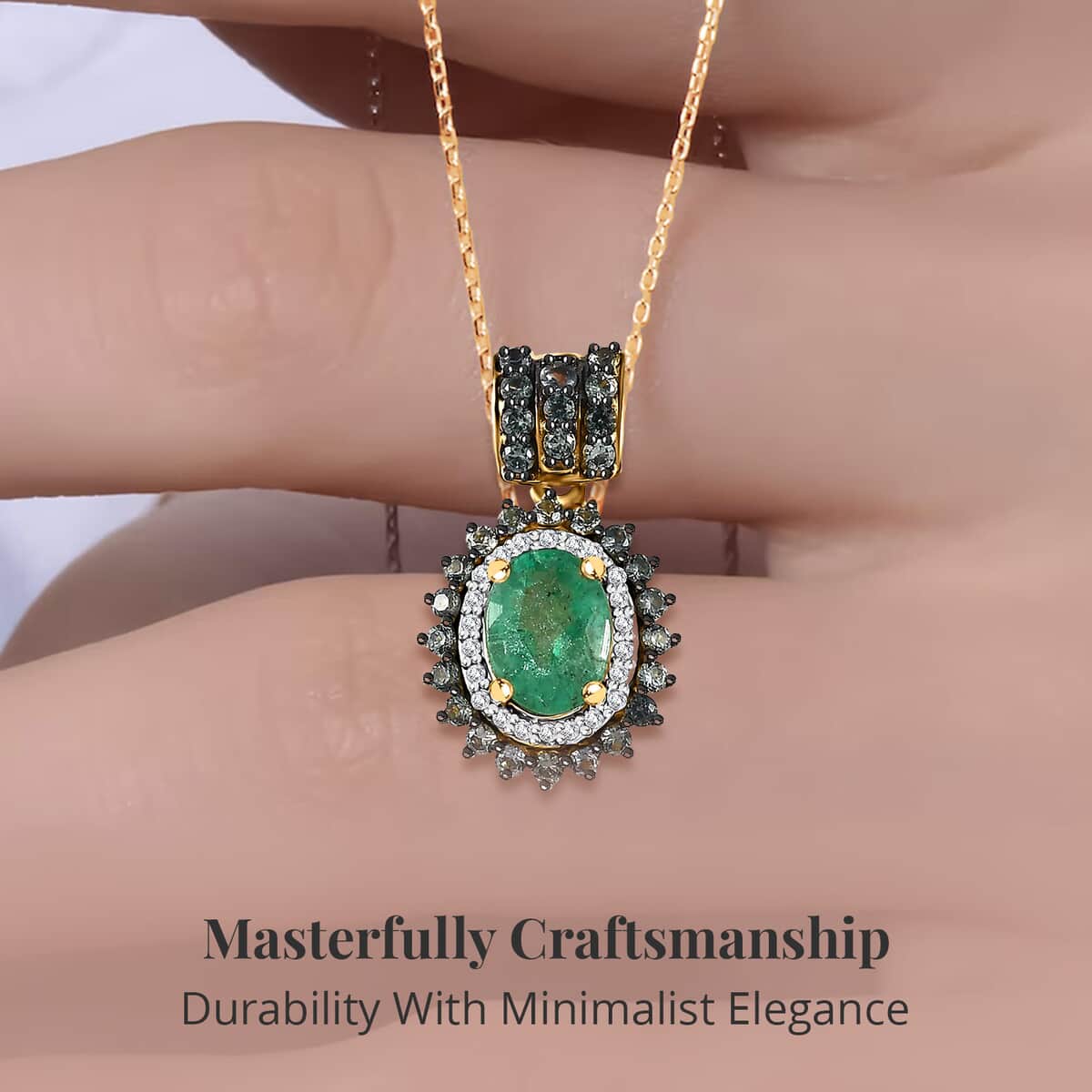 Kagem Zambian Emerald and Multi Gemstone Double Halo Pendant Necklace 20 Inches in Vermeil Yellow Gold Over Sterling Silver 1.90 ctw image number 3