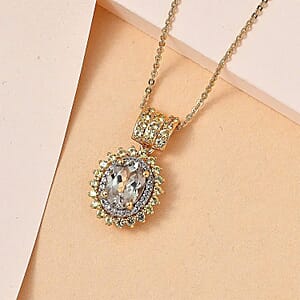 AAA Turkizite and Multi Gemstone Double Halo Pendant Necklace 20 Inches in Vermeil Yellow Gold Over Sterling Silver 2.00 ctw