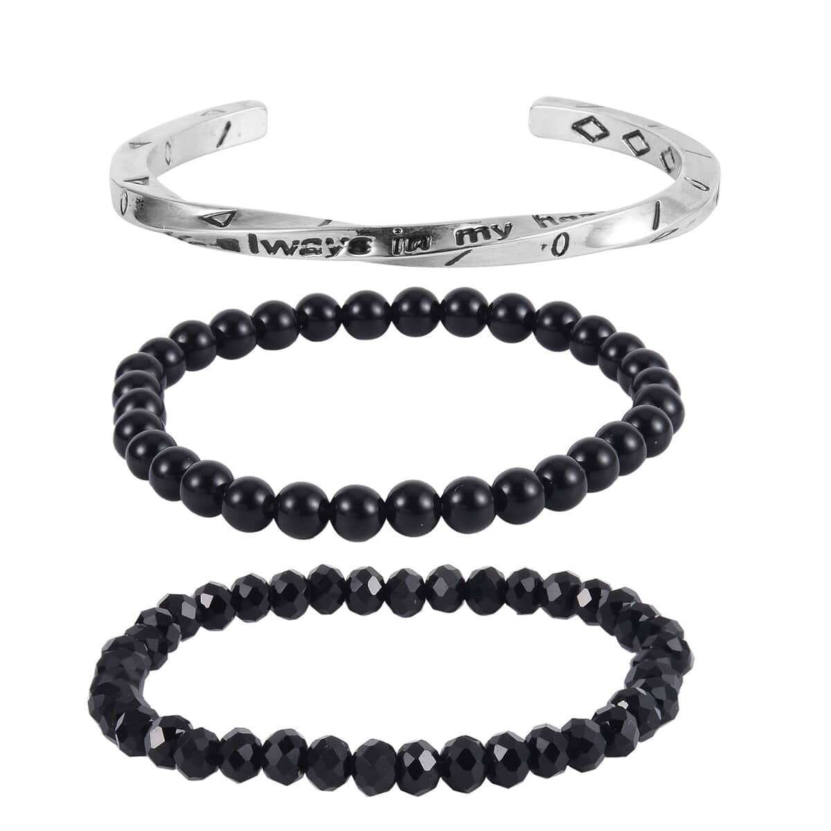 Black Obsidian, Black Glass Set of 2 Stretch Bracelet and Cuff Bracelet (7.00In) in Silvertone 60.00 ctw image number 0