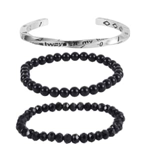 Black Obsidian, Black Glass Set of 2 Stretch Bracelet and Cuff Bracelet (7.00In) in Silvertone 60.00 ctw