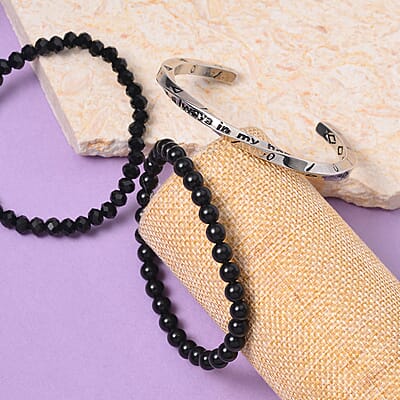 Black Obsidian, Black Glass Set of 2 Stretch Bracelet and Cuff Bracelet (7.00In) in Silvertone 60.00 ctw