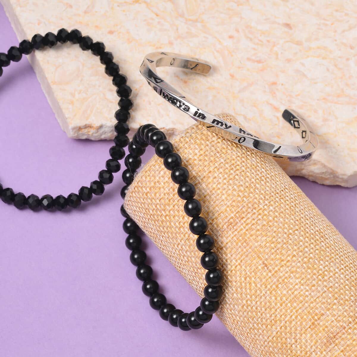 Black Obsidian, Black Glass Set of 2 Stretch Bracelet and Cuff Bracelet (7.00In) in Silvertone 60.00 ctw image number 1