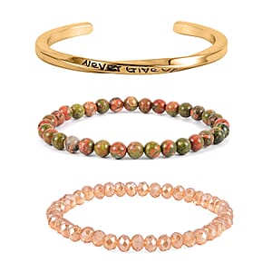 Unakite, Champagne Glass Set of 2 Stretch Bracelet and Cuff Bracelet (7.00In) in Goldtone 60.00 ctw