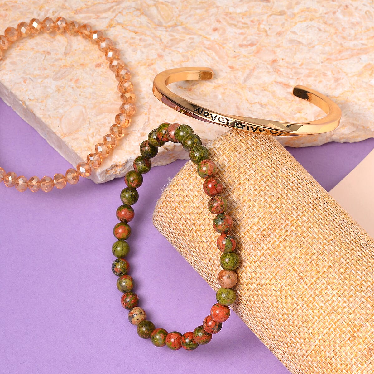 Unakite, Champagne Glass Set of 2 Stretch Bracelet and Cuff Bracelet (7.00In) in Goldtone 60.00 ctw image number 1