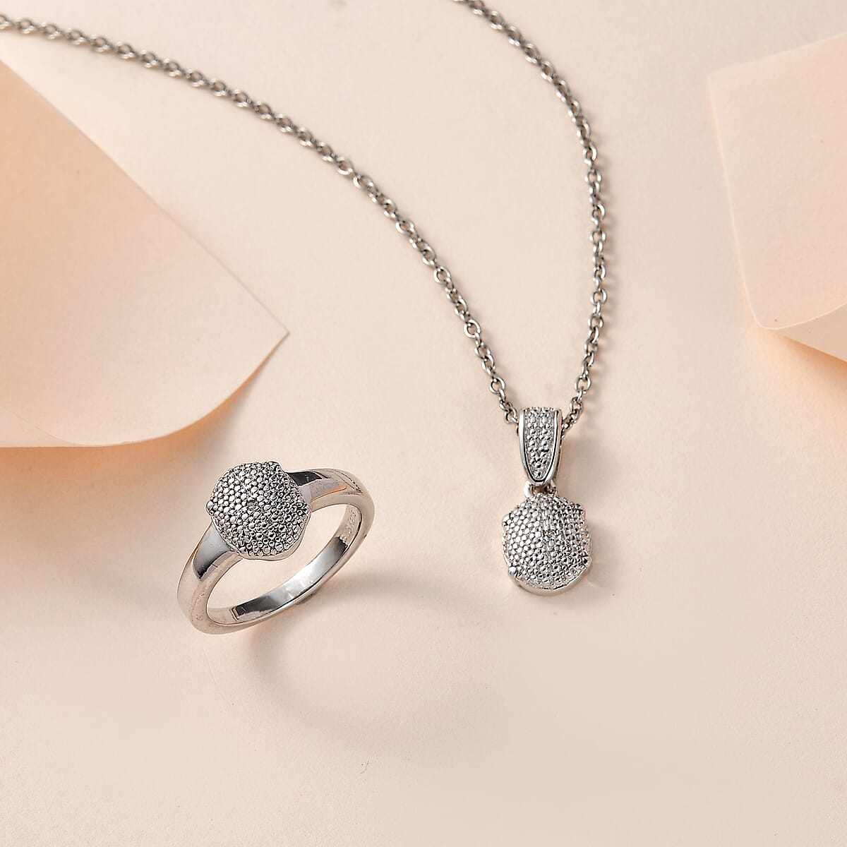 Karis Diamond Accent Ring (Size 6) and Pendant in Platinum Bond with Stainless Steel Necklace 20 Inches image number 1