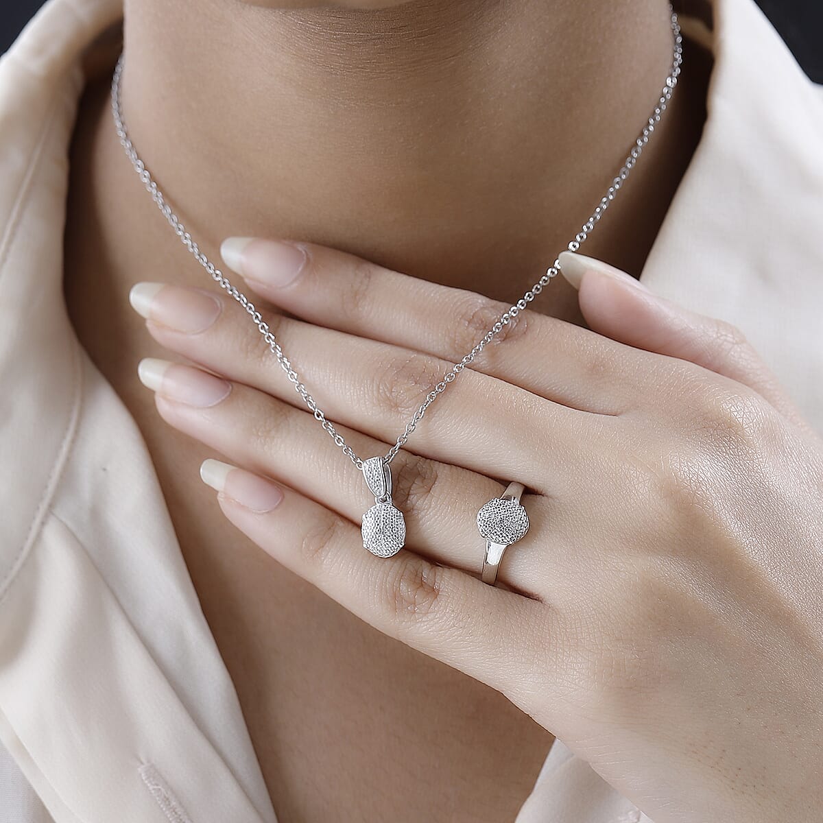 Karis Diamond Accent Ring (Size 6) and Pendant in Platinum Bond with Stainless Steel Necklace 20 Inches image number 2