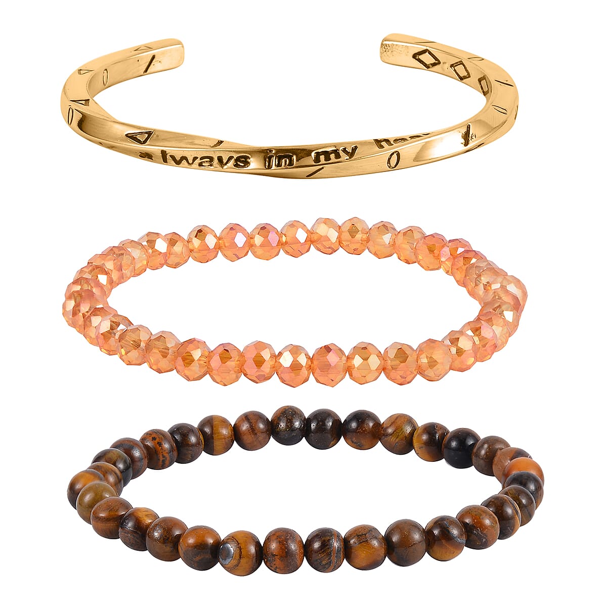 Yellow Tiger's Eye, Champagne Glass Set of 2 Stretch Bracelet and Cuff Bracelet (7.00In) in Goldtone 60.00 ctw image number 0