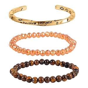 Yellow Tiger's Eye, Champagne Glass Set of 2 Stretch Bracelet and Cuff Bracelet (7.00In) in Goldtone 60.00 ctw