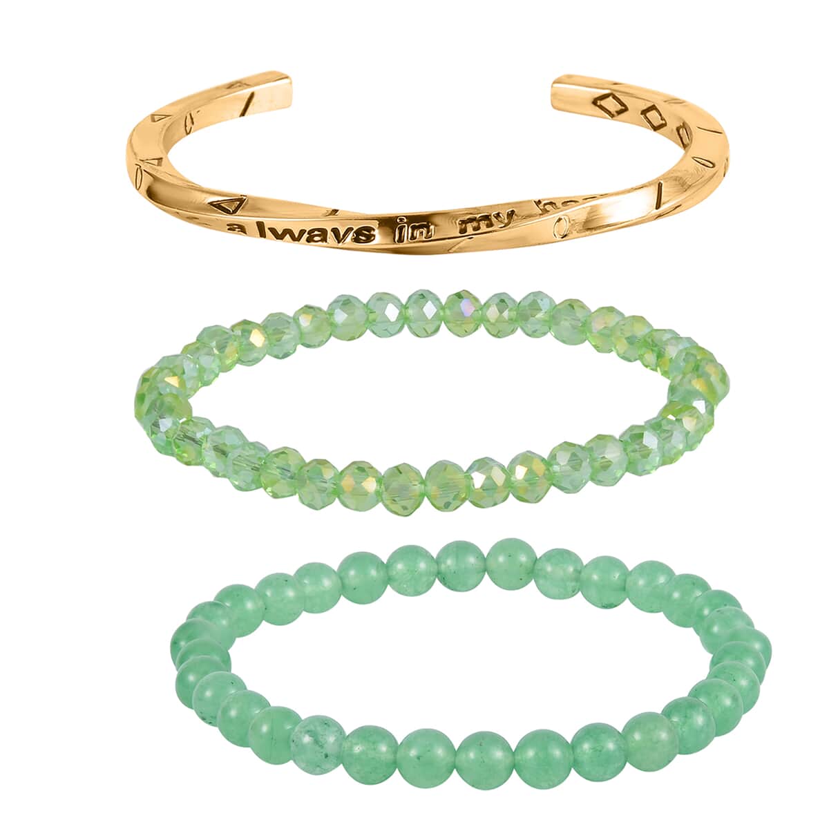 Green Aventurine, Green Glass Set of 2 Stretch Bracelet and Cuff Bracelet (7.00In) in Goldtone 60.00 ctw image number 0