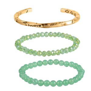 Green Aventurine, Green Glass Set of 2 Stretch Bracelet and Cuff Bracelet (7.00In) in Goldtone 60.00 ctw