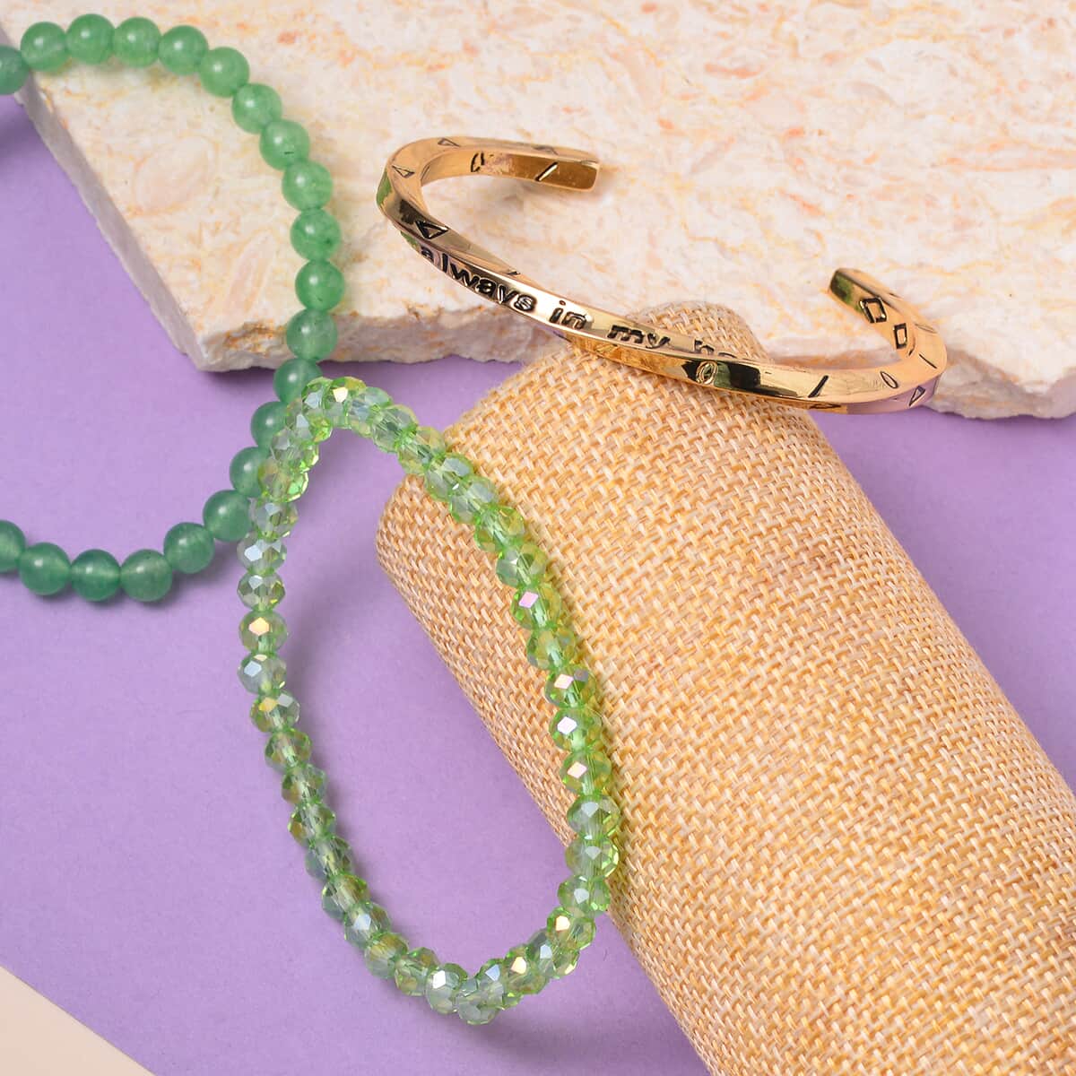 Green Aventurine, Green Glass Set of 2 Stretch Bracelet and Cuff Bracelet (7.00In) in Goldtone 60.00 ctw image number 1