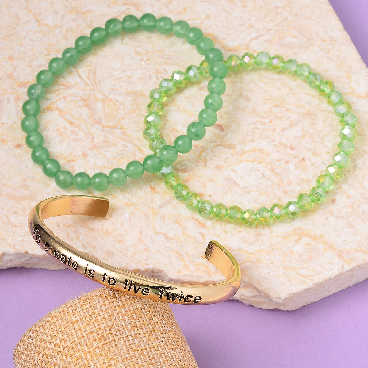Green Aventurine, Green Glass Set of 2 Stretch Bracelet and Cuff Bracelet (7.00In) in Goldtone 60.00 ctw image number 1