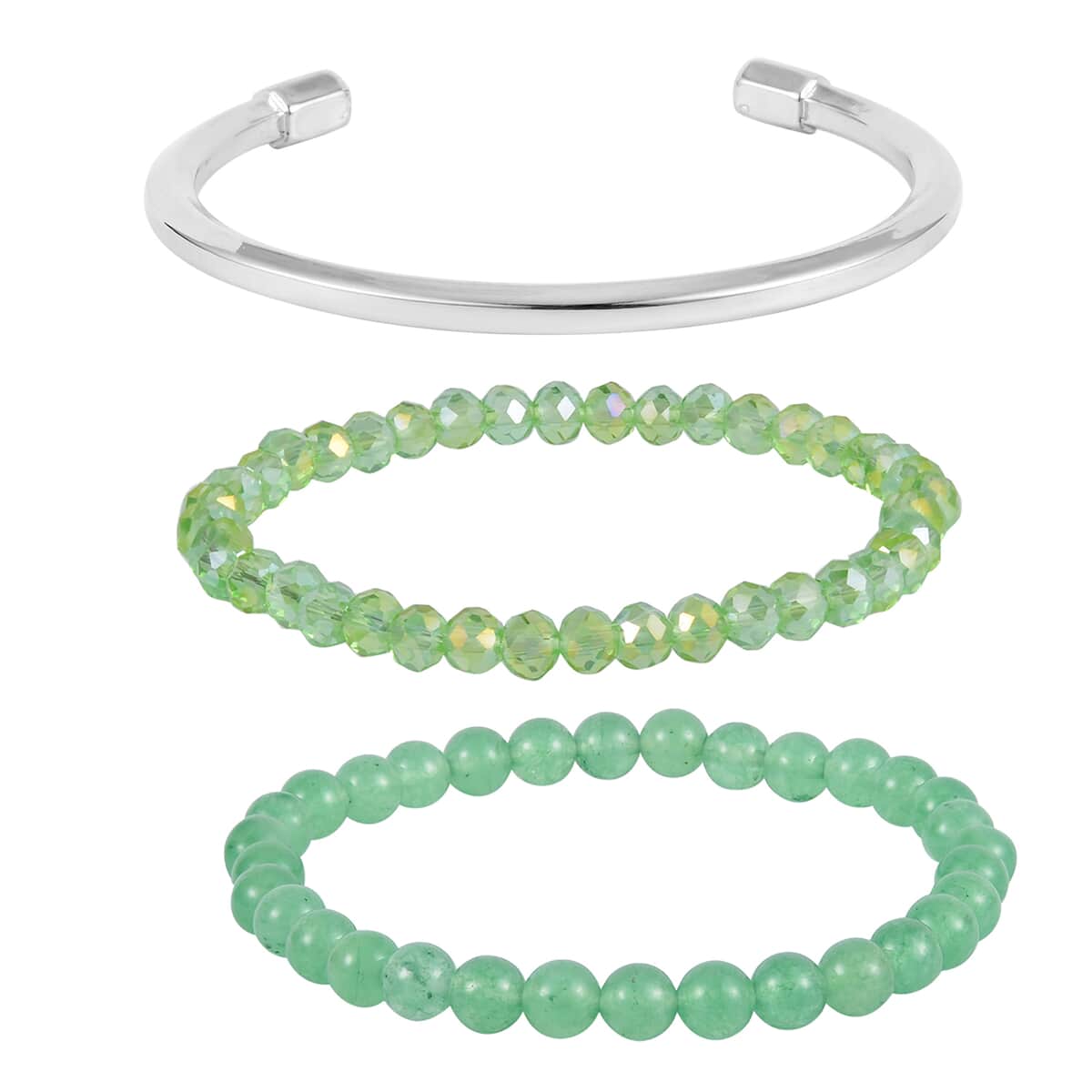 Green Aventurine, Green Glass Set of 2 Stretch Bracelet and Cuff Bracelet (7.00In) in Silvertone 60.00 ctw image number 0