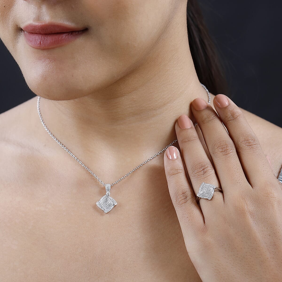 Karis Diamond Accent Ring (Size 6.0) and Pendant in Platinum Bond with Rhodium Over Stainless Steel Necklace 20 Inches image number 2