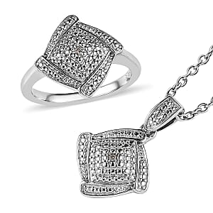 Karis Diamond Accent Ring (Size 11.0) and Pendant in Platinum Bond with Rhodium Over Stainless Steel Necklace 20 Inches