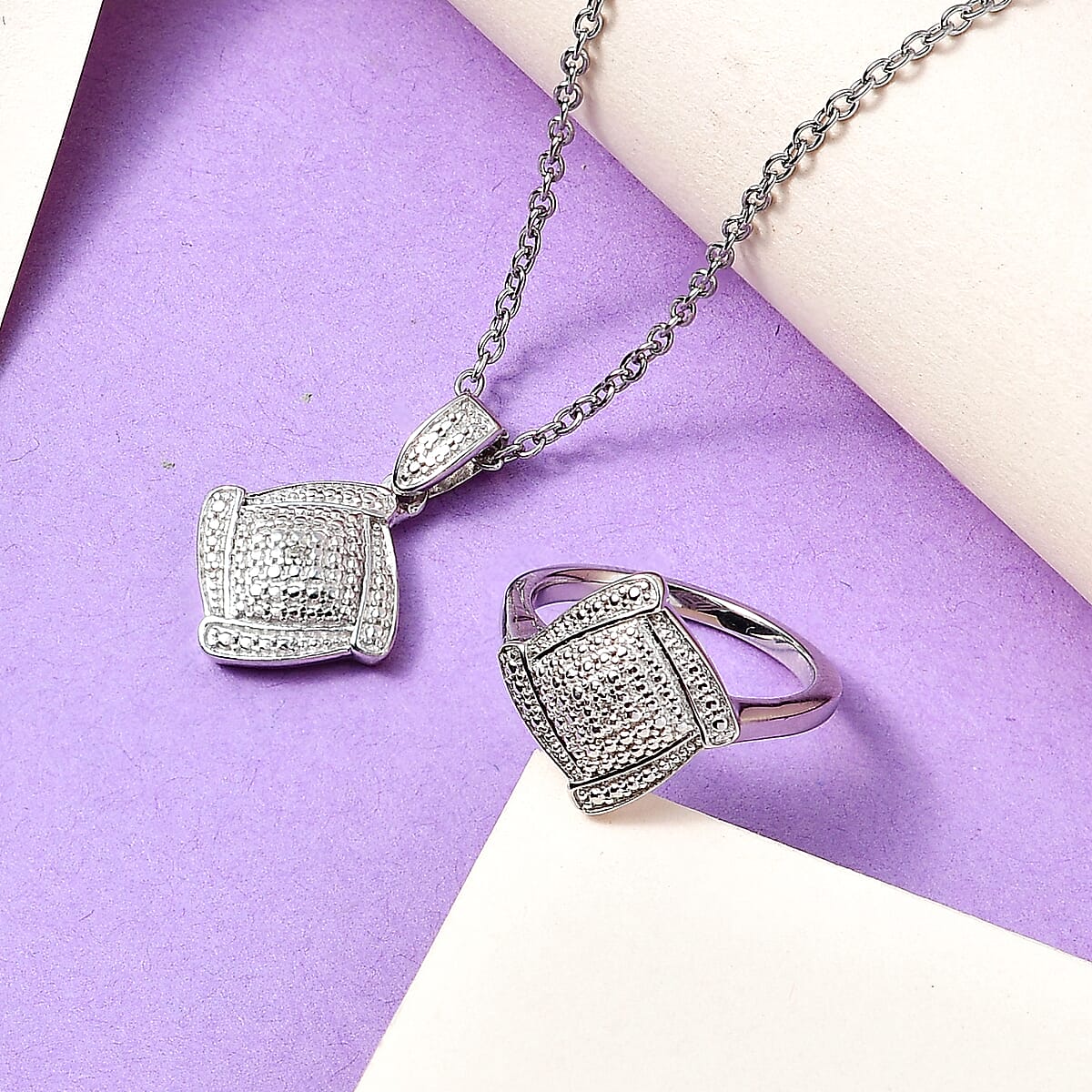 Karis Diamond Accent Ring (Size 11.0) and Pendant in Platinum Bond with Rhodium Over Stainless Steel Necklace 20 Inches image number 1