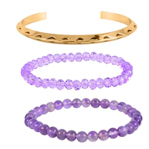 African Amethyst, Purple Glass Set of 2 Stretch Bracelet and Cuff Bracelet (7.00In) in Goldtone 60.00 ctw