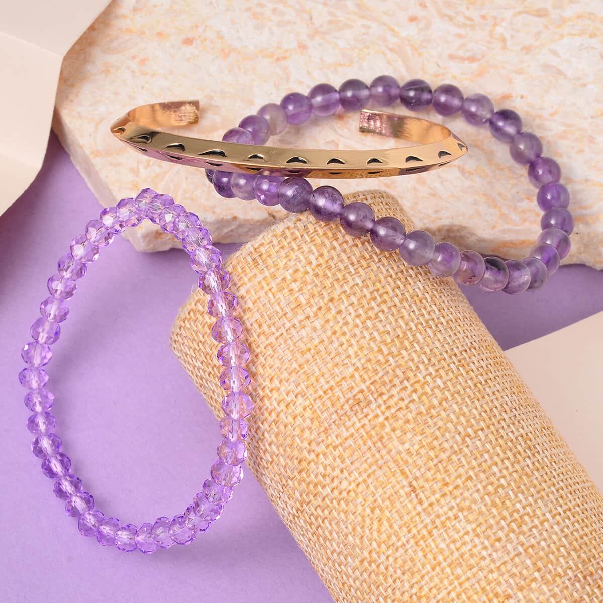 African Amethyst, Purple Glass Set of 2 Stretch Bracelet and Cuff Bracelet (7.00In) in Goldtone 60.00 ctw image number 1